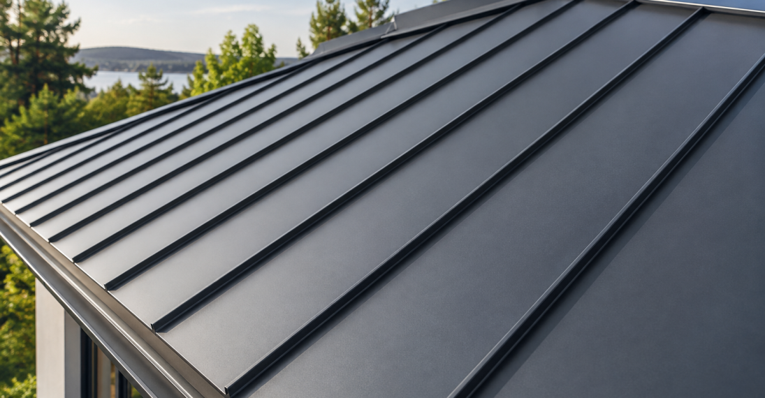 Antrasit metal kenet çatı panelleri ve birleşim detayları — temsili görsel
